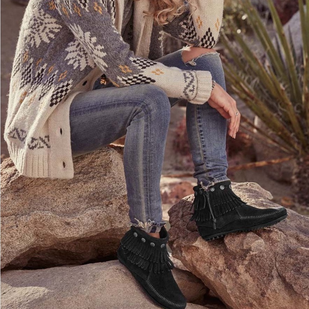 Minnetonka Black Suede Double Fringe Side Zip Ankle Bootie